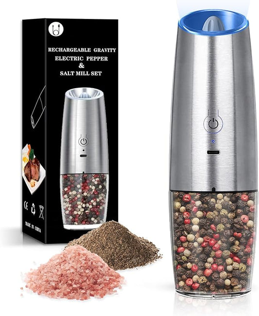 Rechargeable Salt And Pepper Grinder with LED Light, Automatic Electric Gravity Salt And Pepper Shakers, No Battery Needed, Adjustable Roughness, 1 Pack (Silver)