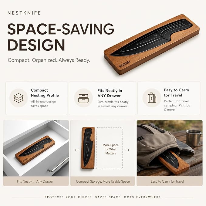 NestKnife Magnetic Kitchen Knife Set - 4 Piece VG10 High Carbon Stainless Steel Kitchen Knives with Patented Space-Saving Nesting Design & Magnetic Block - Ultra Sharp Professional Chef Knife Set