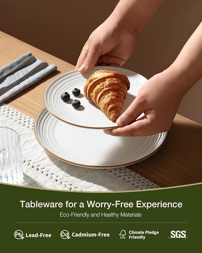 Famiware Jupiter 24-Piece Stoneware Dinnerware Set, Handcrafted Plates and Bowls with Speckles & Embossed Swirls, Chip/Scratch Resistant, Microwave/Dishwasher Safe, Rustic Dishes, Service for 8, White