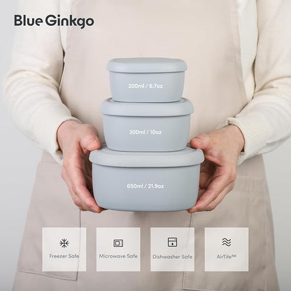 BLUE GINKGO Nesting Silicone Containers - Set of 3 Hard-Shell Silicone Food Storage Containers | BPA Free, Airtight, Dishwasher and Freezer Safe (6.7oz, 10oz, 20oz) - Grey