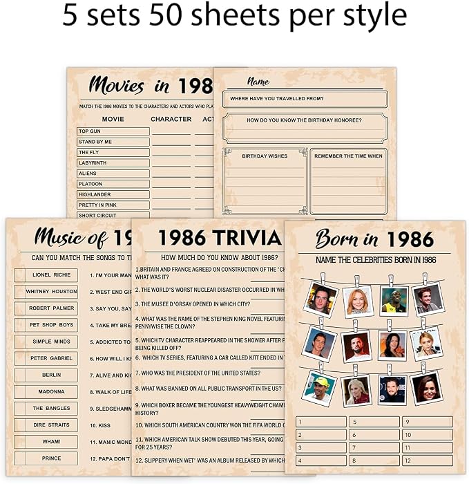 QUPT 40th Birthday Party Games, Set of 5 Activities for 10 Guests, Born in 1986 Games Bundle, Birthday Party Supplies for Adults, Pack of 50 Cards