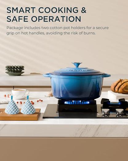 Enameled Cast Iron Dutch Oven - 4.5QT Dutch Oven Pot with Lid & Cotton Potholders - Heavy-Duty Non Stick Casserole Pot for Braising, Stews, Roasting, Baking, Suitable for All Stovetops, Navy Blue