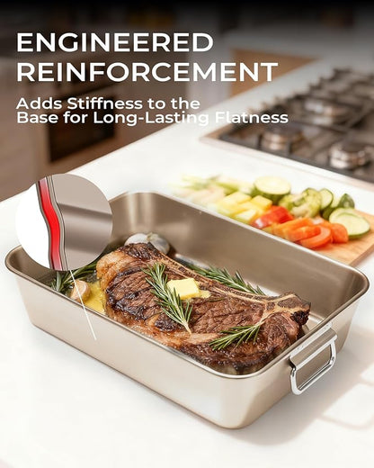 Turkey Roasting Pan with Rack Non stick Carbon Steel Roaster 16x11 Inch, Dishwasher Safe, Deep Baking Broiler Pan for Oven Chicken, Bacon, Golden