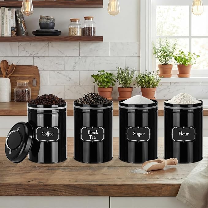LemonRoad 10 Pack Metal Food Storage Canisters with Handle Lid 48 oz Airtight Black Coffee Container Farmhouse Kitchen Jar for Coffee, Tea, Sugar, Cookie, Flour, Pantry & Countertop Organization