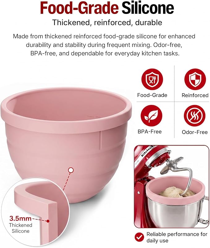 Silicone Bowl Liner for KitchenAid Tilt-Head 5QT Mixers, Kitchen Aid Accessories and Attachments for Baking and Cooking, Fits 5 Quart Mixing Bowl with Lids(Misty Rose, 5QT)