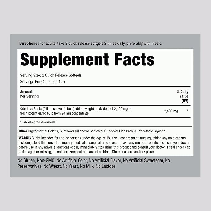 Piping Rock Odorless Garlic Supplement | 250 Softgels | Herbal Extract for Women and Men | Extra Strength | Non-GMO, Gluten Free