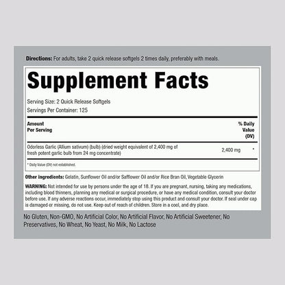 Piping Rock Odorless Garlic Supplement | 250 Softgels | Herbal Extract for Women and Men | Extra Strength | Non-GMO, Gluten Free