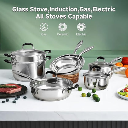 SLOTTET Stainless Steel Kitchen Cookware Set,11 Piece Pots and Pans Set with Steamer,Heat-resistant Handle,Non-Toxic,Induction,Oven,Dishwasher Safe