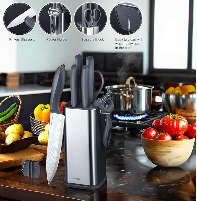 RAXCO Kitchen Knife Set,10-Piece Stainless Steel Knife Set with Block,Gray | Pro-Sharpened Kitchen Knives,Space-saving Compact Organizer for Small Kitchen,RV,Apartment and Dorm