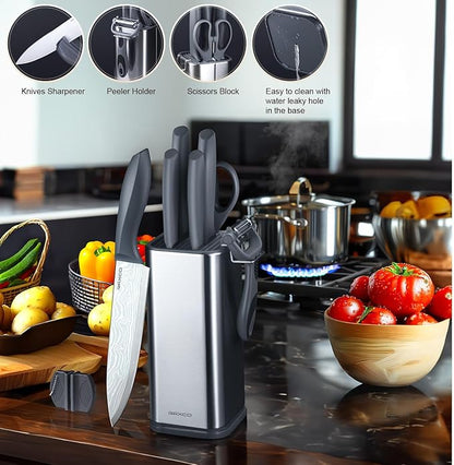 RAXCO Kitchen Knife Set,10-Piece Stainless Steel Knife Set with Block,Gray | Pro-Sharpened Kitchen Knives,Space-saving Compact Organizer for Small Kitchen,RV,Apartment and Dorm