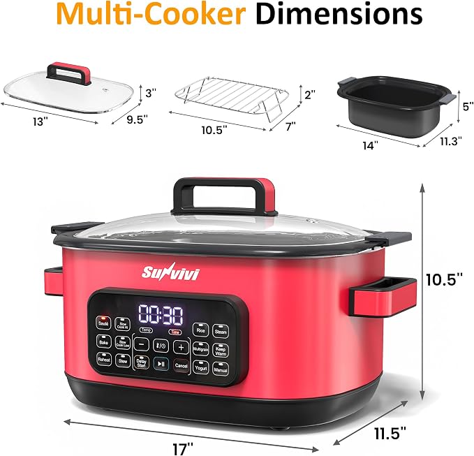 Sunvivi 12-in-1 Multi Cooker, 6.5QT Programmable Slow Cooker with Timer & Temp Control, Auto Warm Setting, Delay Start, Dishwasher Safe Lid & Removable Nonstick Crock, Stainless Steel Rack, Red