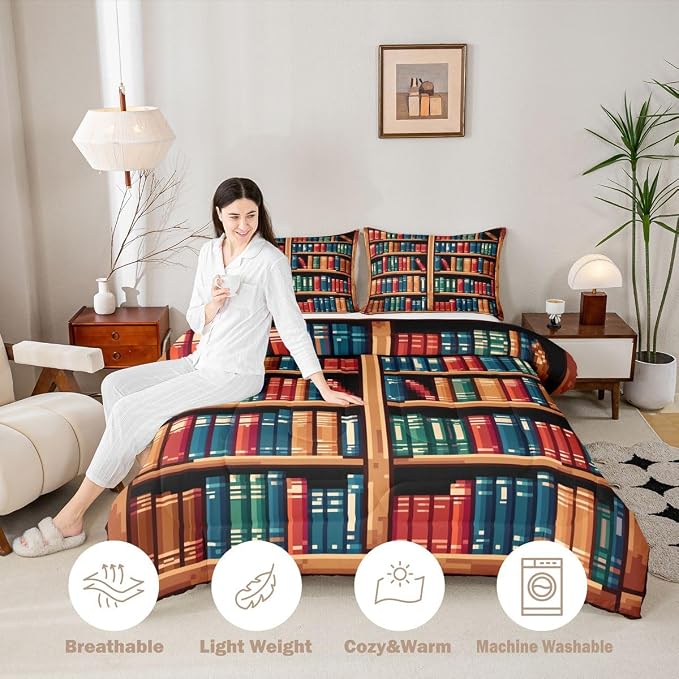 Manfei Bookshelf Comforter Set,Pixelated Pixel Style Games Bedding Set Kids Teens Modern Decor,Anime Bookcase Theme Comforter with 1 Pillowcase for All Seasons,Twin