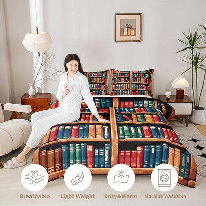 Manfei Bookshelf Comforter Set,Pixelated Pixel Style Games Bedding Set Kids Teens Modern Decor,Anime Bookcase Theme Comforter with 1 Pillowcase for All Seasons,Twin