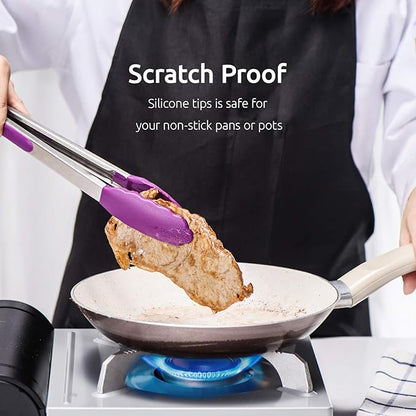 Kitchen Tongs, U-Taste 7/9/12 inches Cooking Tongs, with 600ºF High Heat-Resistant Non-Stick Silicone Tips, 18/8 Stainless Steel Handle, for Food Grill, Salad, BBQ, Frying, Serving, Pack of 3(Purple)