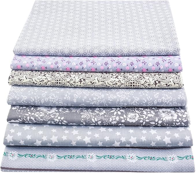 100% Cotton Fabric Bundle - 8 Pre-Cut Squares (20"x20"), Floral Quilting Fabric for DIY Patchwork, Gray