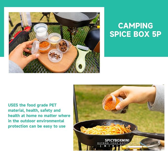 Muloo Camping Spice Kits, Travel Spice Container Bag with 5 Clear Seasoning Bottles Outdoor Spice Jar Kits, Spice Containers, Black