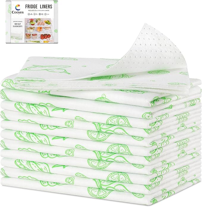 Cooyes Refrigerator Drawe Liners Super Absorbent Fridge Bin Mats Keep Produce Fresh Longer Air Circulating Non-Slip Washable Non-Adhesive (12 Pack 12" x 24" Green Veggie)
