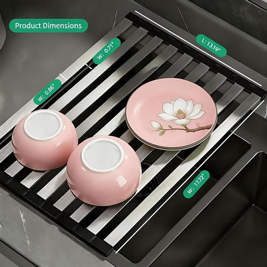 Over The Sink Dish Drying Rack, 17.7"x12.8" Stainless Steel Sink Cover & Dish Rack Over Sink, Heavy-Duty Non-Slip Drying Rack Kitchen Accessories, Foldable in Sink Dish Drying Rack