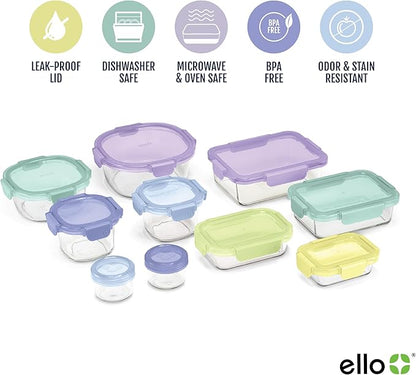 Ello Color Lock 8PC Mixed Glass Food Storage Sets, Leak-Proof Glass Food Storage Containers