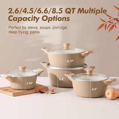 SENSARTE Ceramic Nonstick Stock Pot with Lid, 2.6/4.5/6.6/8.5/11 QT Soup Pot Casserole Pot, Non-toxic Healthy Pasta Pot, Large Cooking Pot Stew Pot, Induction Compatible, PFOA PFAS PTFE Free, Taupe