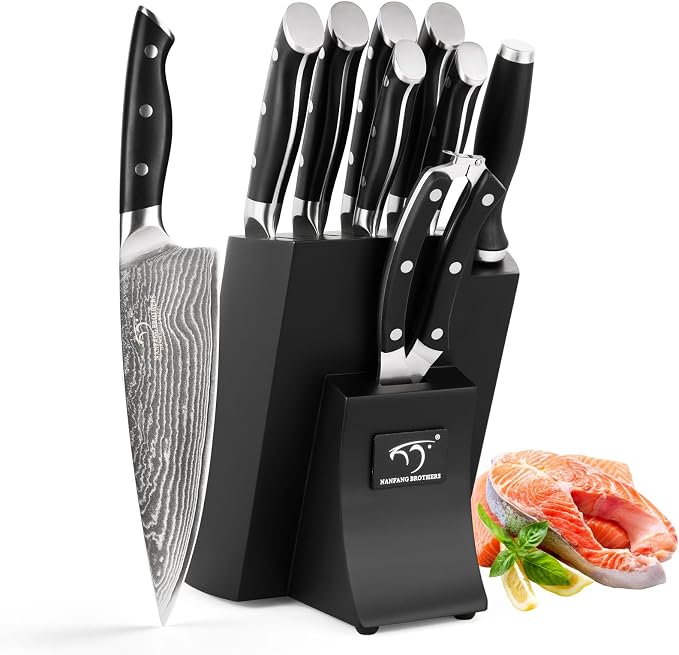 NANFANG BROTHERS Knife Set, 9 Pieces Damascus Kitchen Knife Set with Block, ABS Ergonomic Handle for Chef Knife Set, Knife Sharpener and Kitchen Shears, Knife Block Set
