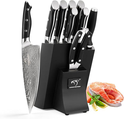 NANFANG BROTHERS Knife Set, 9 Pieces Damascus Kitchen Knife Set with Block, ABS Ergonomic Handle for Chef Knife Set, Knife Sharpener and Kitchen Shears, Knife Block Set