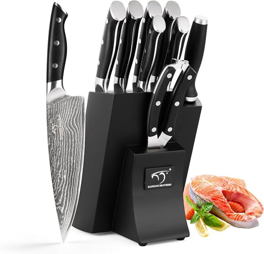 NANFANG BROTHERS Knife Set, 9 Pieces Damascus Kitchen Knife Set with Block, ABS Ergonomic Handle for Chef Knife Set, Knife Sharpener and Kitchen Shears, Knife Block Set