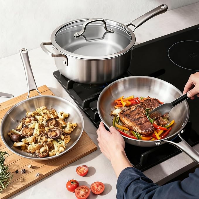 VINGLI 11 Pcs Cookware Set, Stainless Steel Pots and Pans Set with Lids, Non-Toxic Saute Sauce Pot, Soup Pot, Frying Pan, PFOA & PTFE Free, Compatible for All Cooktops (11 Cookware Set)