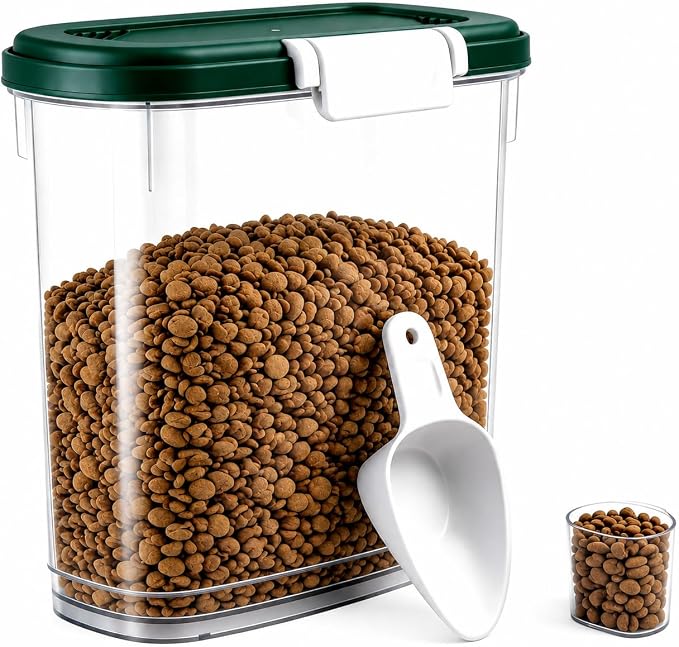 Dark Green Airtight Dog Cat Food Storage Container 10 Lbs - Slim Tall Pet Food Treat Container with Lid, Scoop and Cup - Clear Plastic Dry Food Storage Bin for Dogs, Cats, Bird Seeds, Kibble, Pellets