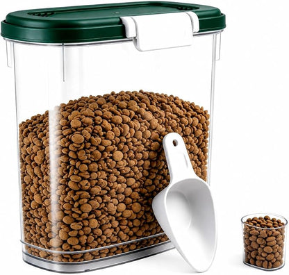 Dark Green Airtight Dog Cat Food Storage Container 10 Lbs - Slim Tall Pet Food Treat Container with Lid, Scoop and Cup - Clear Plastic Dry Food Storage Bin for Dogs, Cats, Bird Seeds, Kibble, Pellets