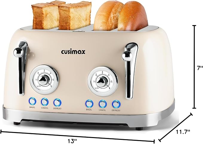 CUSIMAX Toaster 4 Slice, Retro Toaster with Wide Slots for Bagels, Stainless Steel with 6 Toast Settings, Bagel, Cancel, Defrost & Reheat Functions, Dual Independent Control Panels, Cream