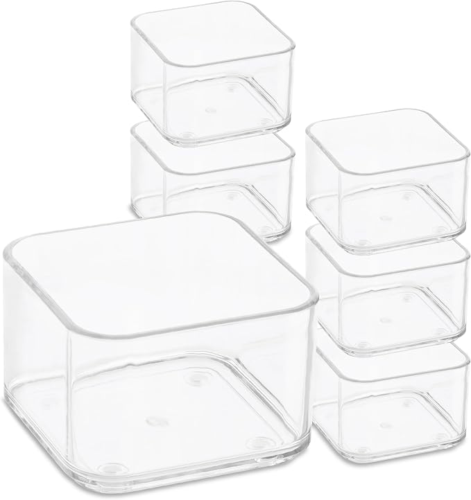 primebox Plastic Clear Acrylic Drawer Organizers. Bathroom, Kitchen, Bedroom, Utensils, Office Organizer Bins, Storage Trays. Heavy Duty, Stackable. 3" x 3" x 2" Set of 6