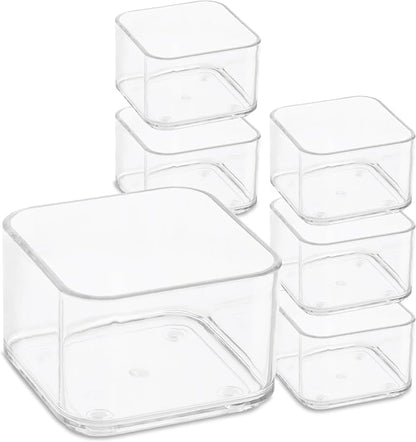 primebox Plastic Clear Acrylic Drawer Organizers. Bathroom, Kitchen, Bedroom, Utensils, Office Organizer Bins, Storage Trays. Heavy Duty, Stackable. 3" x 3" x 2" Set of 6