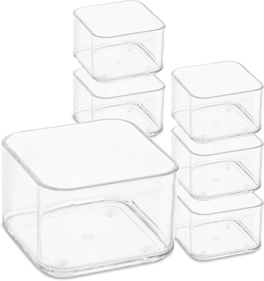 primebox Plastic Clear Acrylic Drawer Organizers. Bathroom, Kitchen, Bedroom, Utensils, Office Organizer Bins, Storage Trays. Heavy Duty, Stackable. 3" x 3" x 2" Set of 6