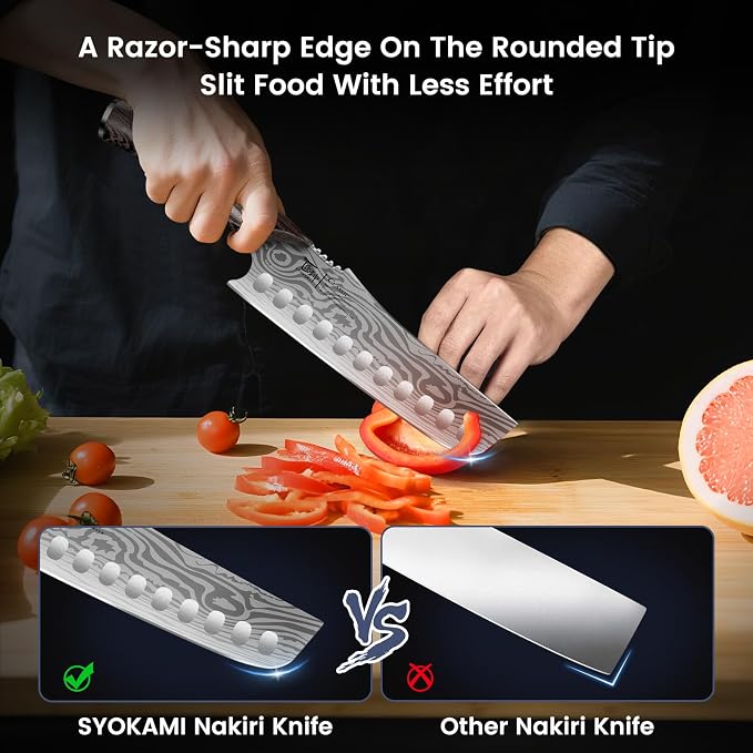 SYOKAMI Nakiri Knife, 7.2 Inch Japanese Inspired Vegetable Chef Knife with Straight Edge, Sharpened Rounded Tip, Lightweight Full Tang Kitchen Knife with Ergonomic Wood Handle, Gift for Home Cooks
