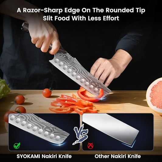 SYOKAMI Nakiri Knife, 7.2 Inch Japanese Inspired Vegetable Chef Knife with Straight Edge, Sharpened Rounded Tip, Lightweight Full Tang Kitchen Knife with Ergonomic Wood Handle, Gift for Home Cooks