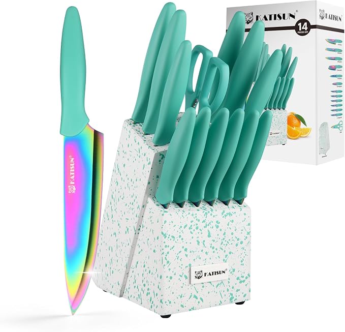 Kitchen Knife Set with Block, 14 Piece Rainbow Titanium Coated Stainless Steel Knives Set, Anti-Rust and Dishwasher Safe, 12 Knives with Kitchen Shears and Block