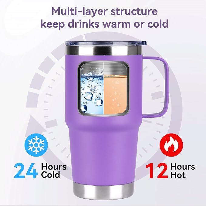 20oz Tumbler Bulk with Lid, Stainless Steel Tumbler Bulk with Handle, Metal Insulated Travel Coffee Mug Set with Handle, Double Wall Vacuum Leak Proof Tumbler Cup, Purple 6 Pack