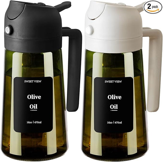 SWEET VIEW 2PCS Olive Oil Dispenser and Oil Sprayer – 16oz/470ml Glass Light-Proof Oil Pourer for Kitchen Air Fryer, Cooking, Salad, and BBQ, with Stickers