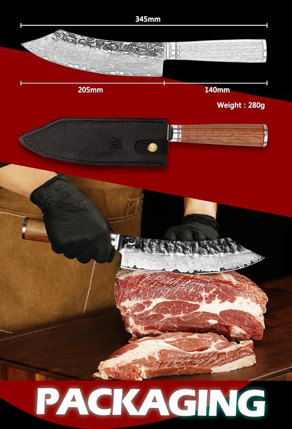 YOUSUNLONG Butcher Knife 8" Cimitar Hybrid Cleaver Japanese Hammered Damascus Steel Natural Walnut Wooden Handle
