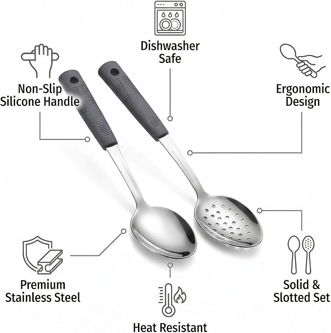 Metal Serving Spoons Set, Large Serving Spoons with Silicone Handles, Stainless Steel Serving Spoon, Slotted Spoon & Soup Ladle Set for Buffet and Home Kitchen (Dark gray)