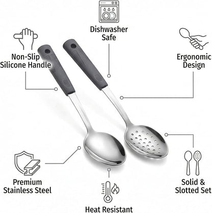 Metal Serving Spoons Set, Large Serving Spoons with Silicone Handles, Stainless Steel Serving Spoon, Slotted Spoon & Soup Ladle Set for Buffet and Home Kitchen (Dark gray)