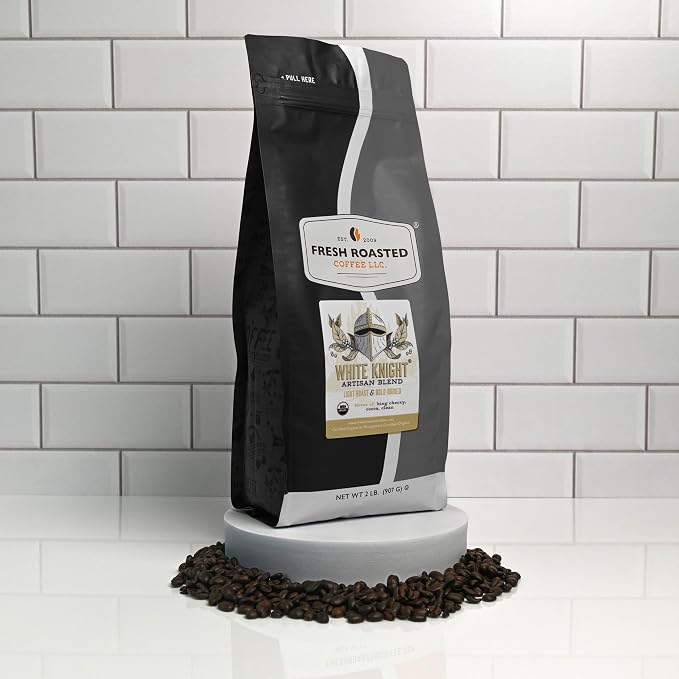 Fresh Roasted Coffee, Organic White Knight Whole Bean Coffee, Light Roast, USDA Organic, Kosher, 2 lb (32 oz)