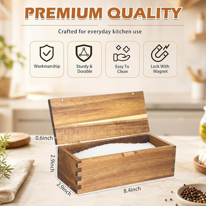 Acacia Wood Salt Cellar Spice Box with Magnetic Lid 29oz Large Capacity Salt Organizer 1 Compartments for Kitchen Countertop, Pepper, Seasonings, Spices, Grilling & Cooking