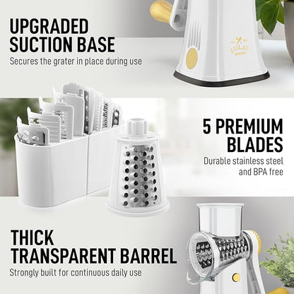 Zulay Kitchen Rotary Cheese Grater 5 Blade Cheese Shredder - Manual Hand Crank Cheese Grater With Reinforced Suction & 5 Interchangeable Drums - Easy to Use, Vegetable Chopper Round Mandoline Slicer