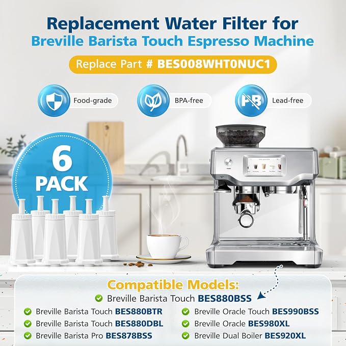 6 Pack Upgrade Water Filters Compatible with Breville BES880 Barista Touch, BES990 BES980 Oracle Touch and BES878 BES920 Bambino ClaroSwiss Sage Espresso coffee Machine, #BES008WHT0NUC1