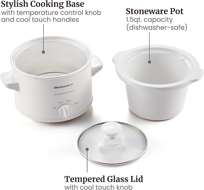 Elite Gourmet MST-250XW Electric Slow Cooker Ceramic Pot Adjustable Temp, Entrees, Sauces, Stews & Dips, Dishwasher Safe Glass Lid & Crock
