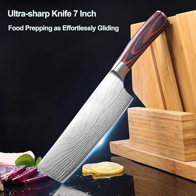 Nakiri Kitchen Knife 7" - Super Sharp Vegetable Knife, High Carbon Stainless Steel Meat & Veggie Cleaver with Gift Box, Ergonomic Non-slip Handle, Ideal Housewarming Gift
