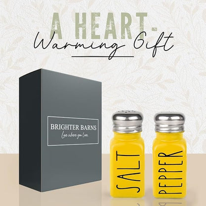 Yellow Salt and Pepper Shakers Set by Brighter Barns - Cute Kitchen Decor & Kitchen Accessories - Cute Glass Shakers - Farmhouse Decor for Home Restaurants Wedding Gift & Stainless Steel Lid (Yellow)