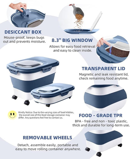 20-30 Lbs Rice Storage Container,Collapsible Food Storage Containers with Rolling Wheel Airtight Locking Lid,Flour Storage Container with Cup and Scoop,Suitable for Food,Rice,Pet Food,Flour